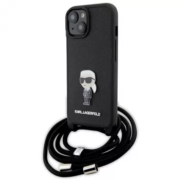 Pevné pouzdro Karl Lagerfeld KLHCP15SSASKNPSK pro iPhone 15/14/13 6,1 inch černé Crossbody Saffiano Monogram Metal Pin Karl & Choupette