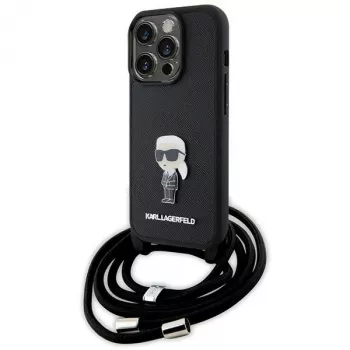 Pevné pouzdro Karl Lagerfeld KLHCP15LSASKNPSK pro iPhone 15 Pro 6,1 inch černé Crossbody Saffiano Monogram Metal Pin Karl & Choupette