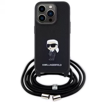 Pevné pouzdro Karl Lagerfeld KLHCP15LSASKNPSK pro iPhone 15 Pro 6,1 inch černé Crossbody Saffiano Monogram Metal Pin Karl & Choupette