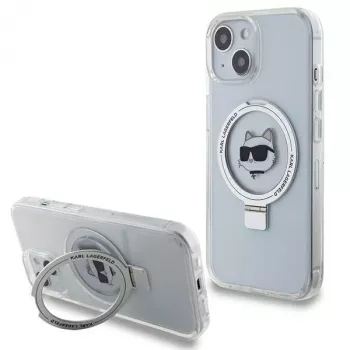 Karl Lagerfeld KLHMP15SHMRSCHH iPhone 15 / 14 / 13 6,1 inch bílé pevné pouzdro s prstencem a stojánkem Choupette Head MagSafe