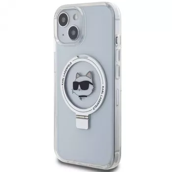 Karl Lagerfeld KLHMP15SHMRSCHH iPhone 15 / 14 / 13 6,1 inch bílé pevné pouzdro s prstencem a stojánkem Choupette Head MagSafe