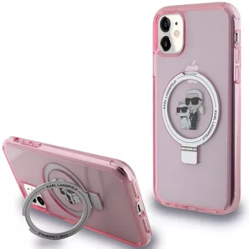 Pevné pouzdro Karl Lagerfeld KLHMN61HMRSKCP pro iPhone 11 / XR 6,1 inch růžové s prstencem Karl & Choupette MagSafe
