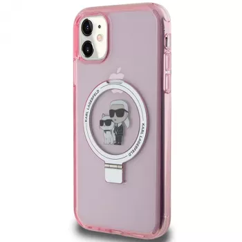 Pevné pouzdro Karl Lagerfeld KLHMN61HMRSKCP pro iPhone 11 / XR 6,1 inch růžové s prstencem Karl & Choupette MagSafe