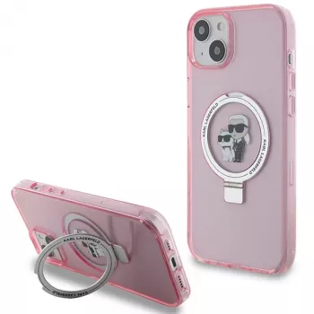 Pevné pouzdro Karl Lagerfeld KLHMP15SHMRSKCP pro iPhone 15 / 14 / 13 6,1 inch růžové s prstencem Karl & Choupette MagSafe