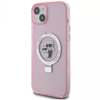 Pevné pouzdro Karl Lagerfeld KLHMP15SHMRSKCP pro iPhone 15 / 14 / 13 6,1 inch růžové s prstencem Karl & Choupette MagSafe