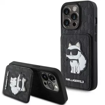 Karl Lagerfeld KLHCP15XSAKCNSCK iPhone 15 Pro Max 6,7 inch černý Hardcase Saffiano přihrádky na karty a stojánek Monogram Choupette