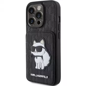 Karl Lagerfeld KLHCP15XSAKCNSCK iPhone 15 Pro Max 6,7 inch černý Hardcase Saffiano přihrádky na karty a stojánek Monogram Choupette