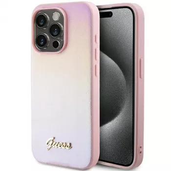 Guess Saffiano Iridescent Script pevné pouzdro pro Apple iPhone 14 Pro Max 6,7 inch - růžové