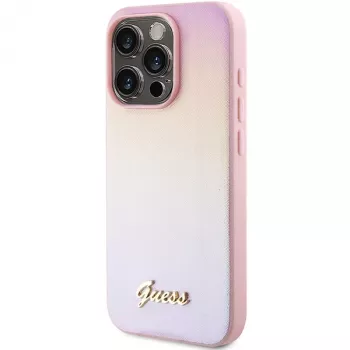 Guess Saffiano Iridescent Script pevné pouzdro pro Apple iPhone 14 Pro Max 6,7 inch - růžové