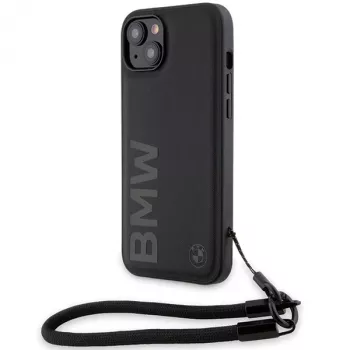 Pevné kožené pouzdro Signature Leather Wordmark Cord BMW pro iPhone 15 Plus / 14 Plus 6,7