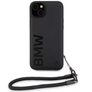 Pevné kožené pouzdro Signature Leather Wordmark Cord BMW pro iPhone 15 Plus / 14 Plus 6,7