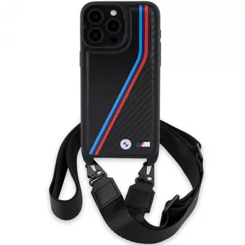 BMW M Edition Carbon Tricolor Lines pevné pouzdro s popruhem pro Apple iPhone 15 Pro Max 6,7