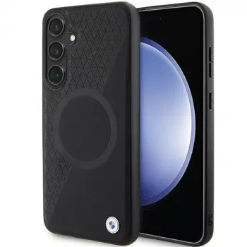 BMW Signature Leather Hard Case for Samsung Galaxy S24+ - Half Textured & Circle MagSafe - Black