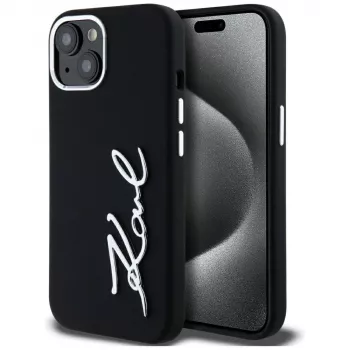 KARL LAGERFELD Silicone Metal Script Logo pouzdro pro Apple iPhone 15, černé
