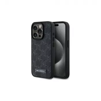 Karl Lagerfeld KLHMP15LPKHPORPK iPhone 15 Pro 6,1 inch pevné pouzdro černá kůže monogram kovové logo MagSafe