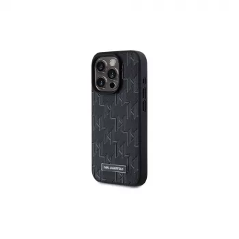 Karl Lagerfeld KLHMP15LPKHPORPK iPhone 15 Pro 6,1 inch pevné pouzdro černá kůže monogram kovové logo MagSafe