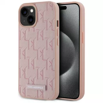 Kožené pouzdro Monogram Metal Logo MagSafe Karl Lagerfeld pro iPhone 15, růžové