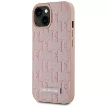 Kožené pouzdro Monogram Metal Logo MagSafe Karl Lagerfeld pro iPhone 15, růžové