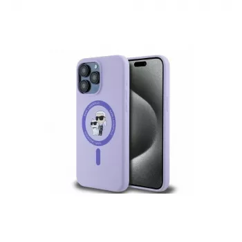 Fialové silikonové pevné pouzdro Karl Lagerfeld pro iPhone 15 Pro Max 6,7 inch s prstenem s hlavami Karl & Choupette, MagSafe
