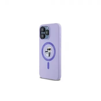 Fialové silikonové pevné pouzdro Karl Lagerfeld pro iPhone 15 Pro Max 6,7 inch s prstenem s hlavami Karl & Choupette, MagSafe