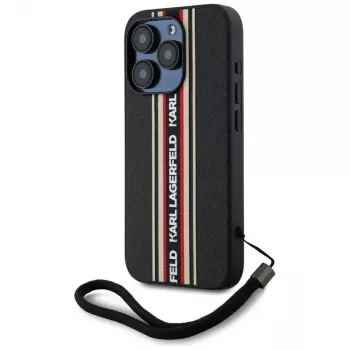 KARL LAGERFELD Saffiano AthleisureStripes Cord pouzdro pro iPhone 15 Pro Max, černo-červené