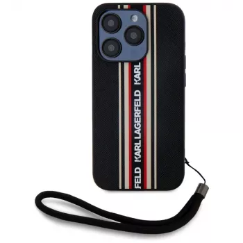 KARL LAGERFELD Saffiano AthleisureStripes Cord pouzdro pro iPhone 15 Pro Max, černo-červené