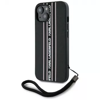 Karl Lagerfeld Saffiano Athleisure Stripes Cord pouzdro pro iPhone 15, černo-růžové