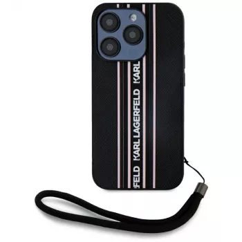 KARL LAGERFELD Saffiano Athleisure Stripes Cord pouzdro pro iPhone 15 Pro, černo-růžové