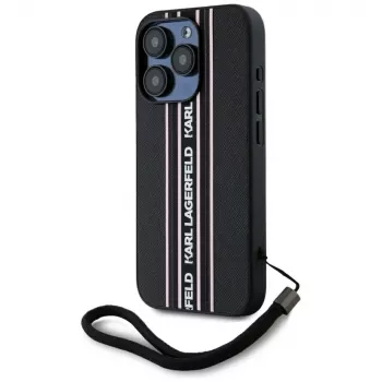 KARL LAGERFELD Saffiano Athleisure Stripes Cord pouzdro pro iPhone 15 Pro, černo-růžové