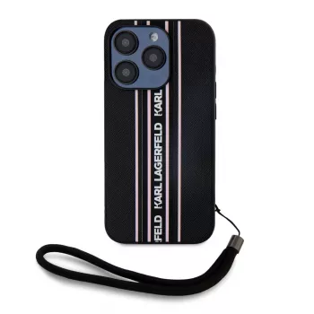 Karl Lagerfeld Saffiano AthleisureStripes Cord pouzdro pro iPhone 15 Pro Max, černo-růžové