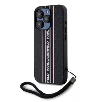 Karl Lagerfeld Saffiano AthleisureStripes Cord pouzdro pro iPhone 15 Pro Max, černo-růžové
