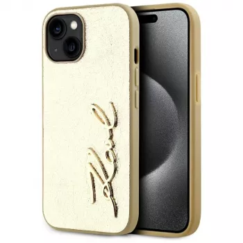 KARL LAGERFELD Wrinkled Metal Signature pouzdro na telefon pro iPhone 15, zlaté