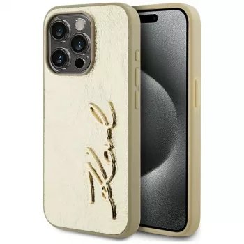 KARL LAGERFELD Wrinkled Metal Signature pouzdro pro iPhone 15 Pro - zlaté