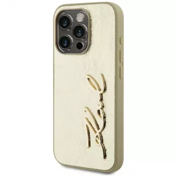 KARL LAGERFELD Wrinkled Metal Signature pouzdro pro iPhone 15 Pro - zlaté