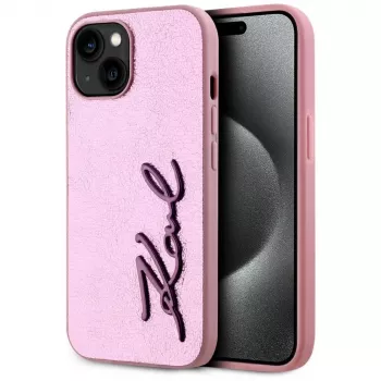 KARL LAGERFELD Wrinkled Metal Signature zadní kryt pro Apple iPhone 15, růžový