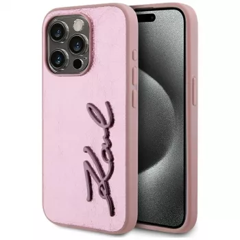 Karl Lagerfeld Wrinkled Metal Signature pouzdro pro iPhone 15 Pro, růžové