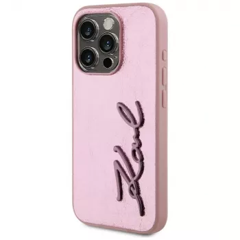 Karl Lagerfeld Wrinkled Metal Signature pouzdro pro iPhone 15 Pro, růžové