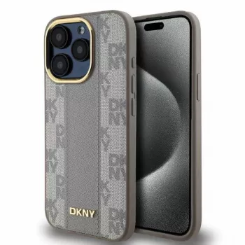 DKNY DKHMP15XPCPVSLE iPhone 15 Pro Max 6.7 inch Hardcase Leather Checkered Mono Pattern MagSafe Beige