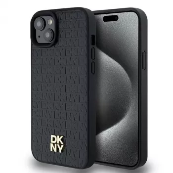 DKNY DKHMP15MPSHRPSK iPhone 15 Plus / 14 Plus 6.7 inch Black Hardcase Leather Monogram Pattern Metal Logo MagSafe