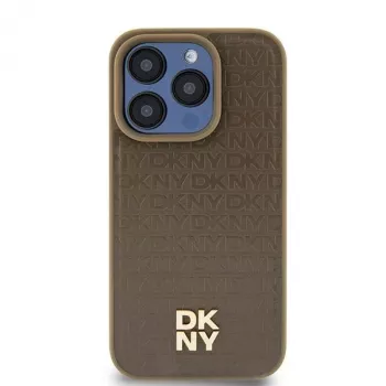 DKNY DKHMP14SPSHRPSW Hardcase for iPhone 14/15/13, Brown Leather Pattern with Metal Logo, MagSafe