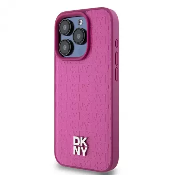 DKNY DKHMP15LPSHRPSP iPhone 15 Pro 6.1 inch Pink Leather Hard Case with Monogram Pattern and Metal Logo, MagSafe Compatible