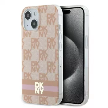 DKNY DKHMP15SHCPTSP Hardcase for iPhone 15 / 14 / 13 6.1 inch Pink Checkered Mono Pattern & Printed Stripes MagSafe