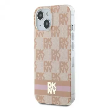 DKNY DKHMP15SHCPTSP Hardcase for iPhone 15 / 14 / 13 6.1 inch Pink Checkered Mono Pattern & Printed Stripes MagSafe