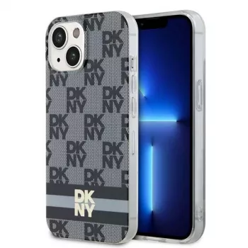 DKNY DKHMP14SHCPTSK Hard Case for iPhone 14/15, Checkered Mono Pattern & Printed Stripes, Black, MagSafe