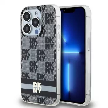 DKNY DKHMP15LHCPTSK Hard Case for Apple iPhone 15 Pro 6.1 inch - Black Checkered Mono Pattern & Printed Stripes with MagSafe