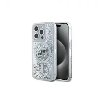 Pouzdro Karl Lagerfeld KLHMP15LLGKCSGH pro iPhone 15 Pro 6,1 inch průhledné Liquid Glitter Karl & Choupette Head MagSafe