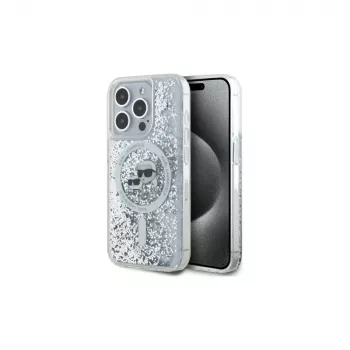 Pouzdro Karl Lagerfeld KLHMP15XLGKCSGH pro iPhone 15 Pro Max 6,7 inch průhledné Liquid Glitter Karl & Choupette Head MagSafe