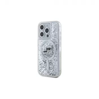 Pouzdro Karl Lagerfeld KLHMP15XLGKCSGH pro iPhone 15 Pro Max 6,7 inch průhledné Liquid Glitter Karl & Choupette Head MagSafe