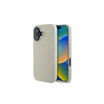 Guess GUHMP16SPGHSMME iPhone 16 béžové pevné pouzdro Grained Ring MagSafe