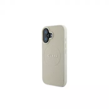 Guess GUHMP16SPGHSMME iPhone 16 béžové pevné pouzdro Grained Ring MagSafe